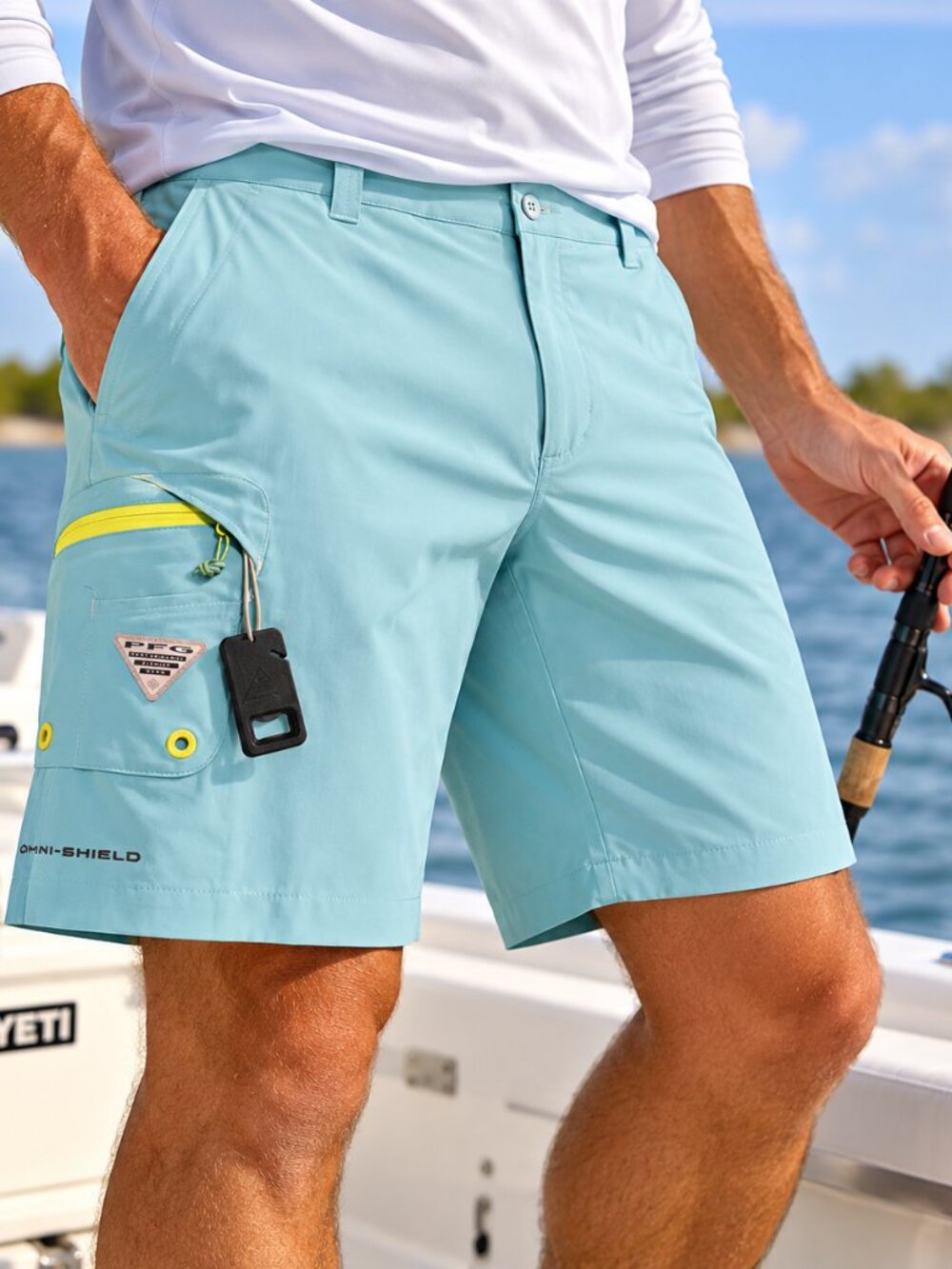 Columbia PFG Men’s 38 Aqua Blue Omni-Shield Line Cutter Fishing Shorts